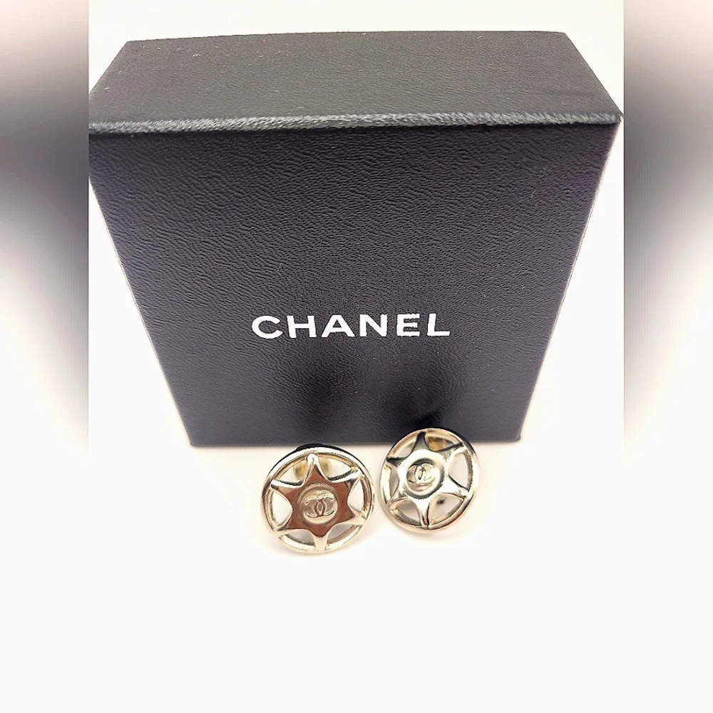 Rare Chanel Silver Star Badge Clip On Earrings